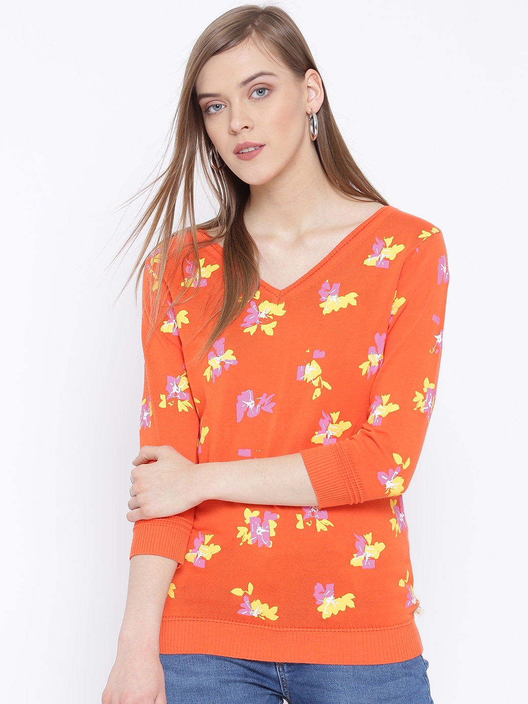 Buy United Colors Of Benetton Women Orange Printed Sweater ...