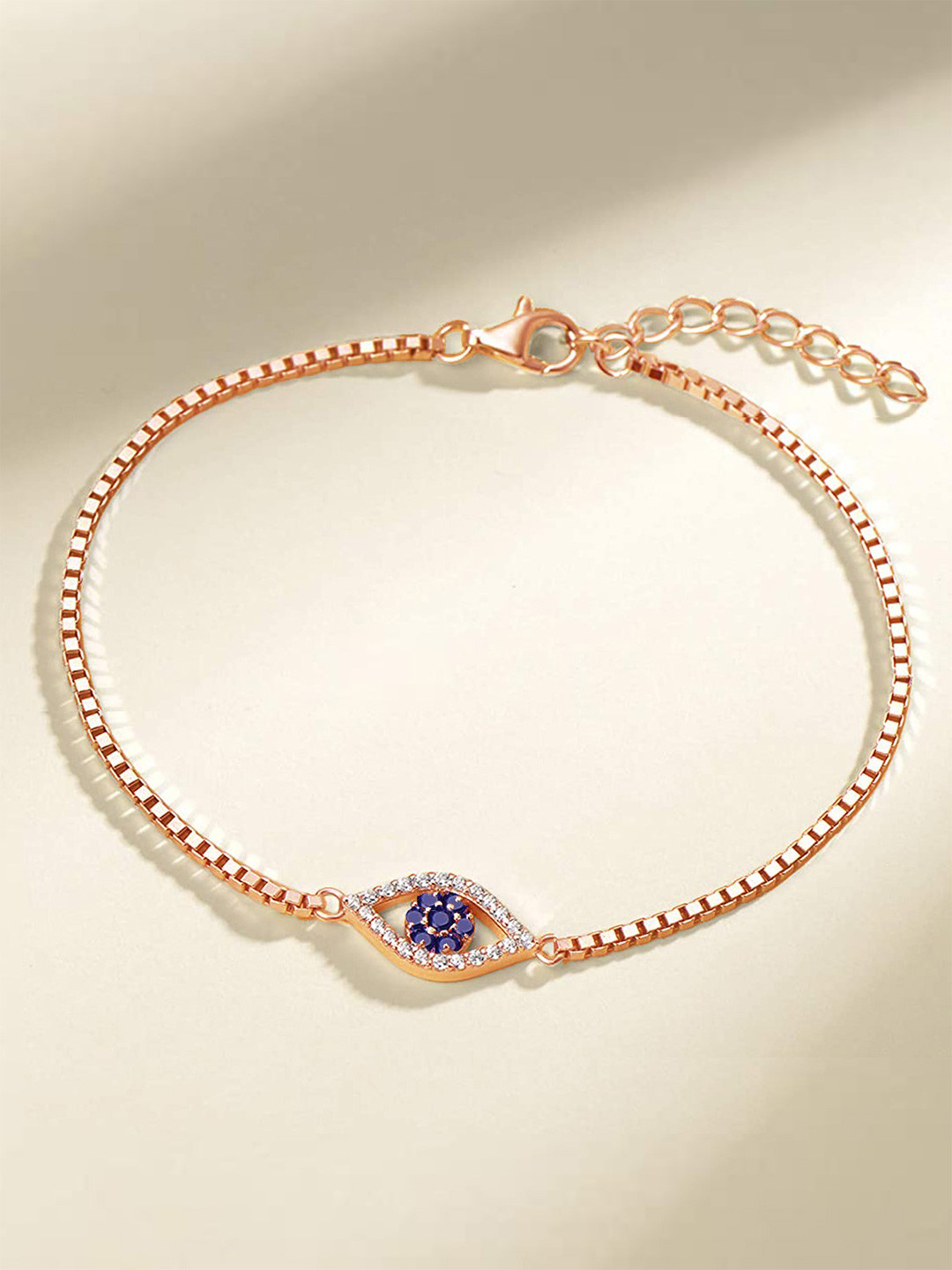 Zavya 925 Sterling Silver Rose Gold-Plated Cubic Zirconia Evil Eye Charm Bracelet