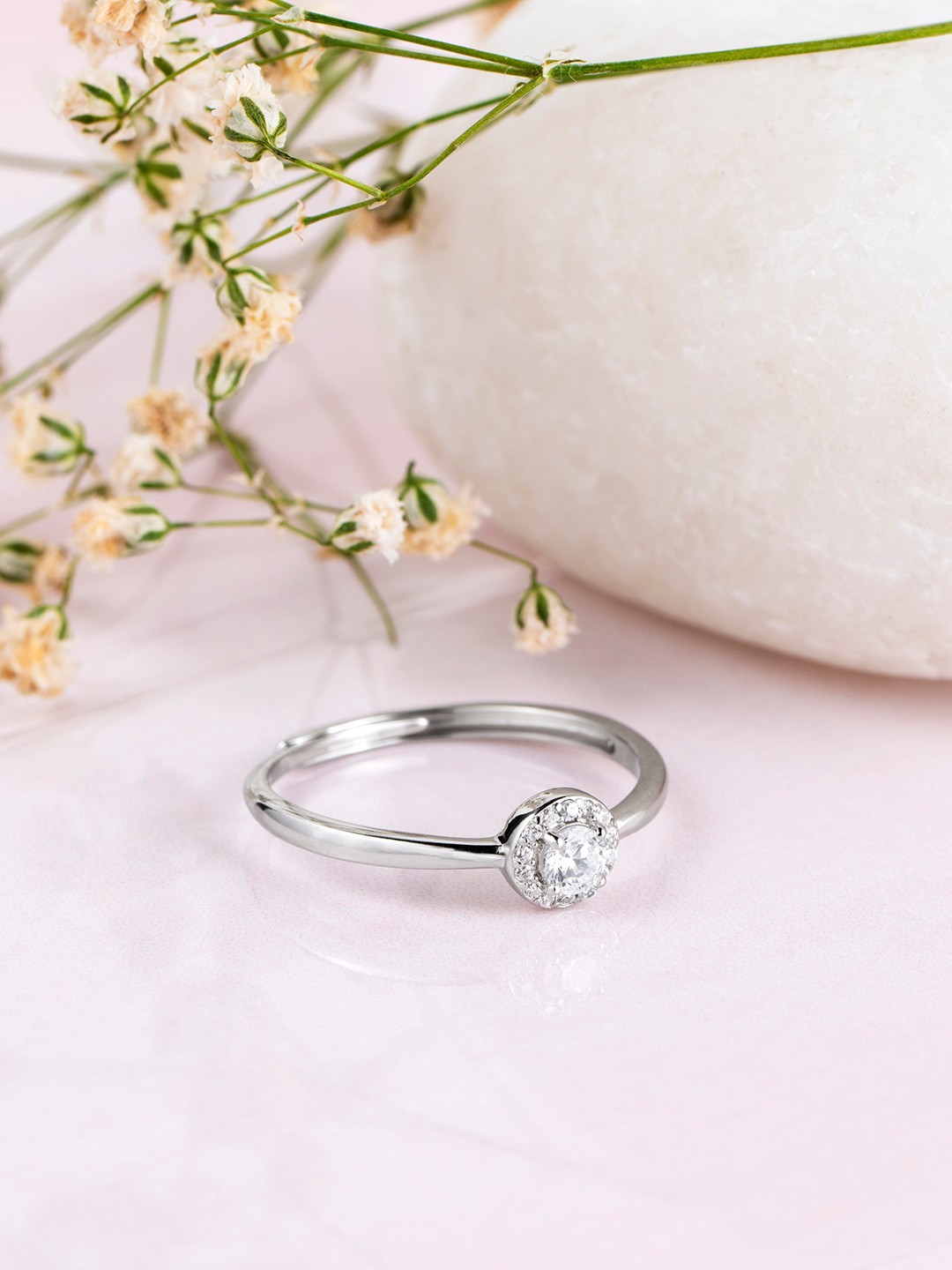 Zavya Women Rhodium-Plated The Mini Solitaire Halo 925 Sterling Silver Finger Ring