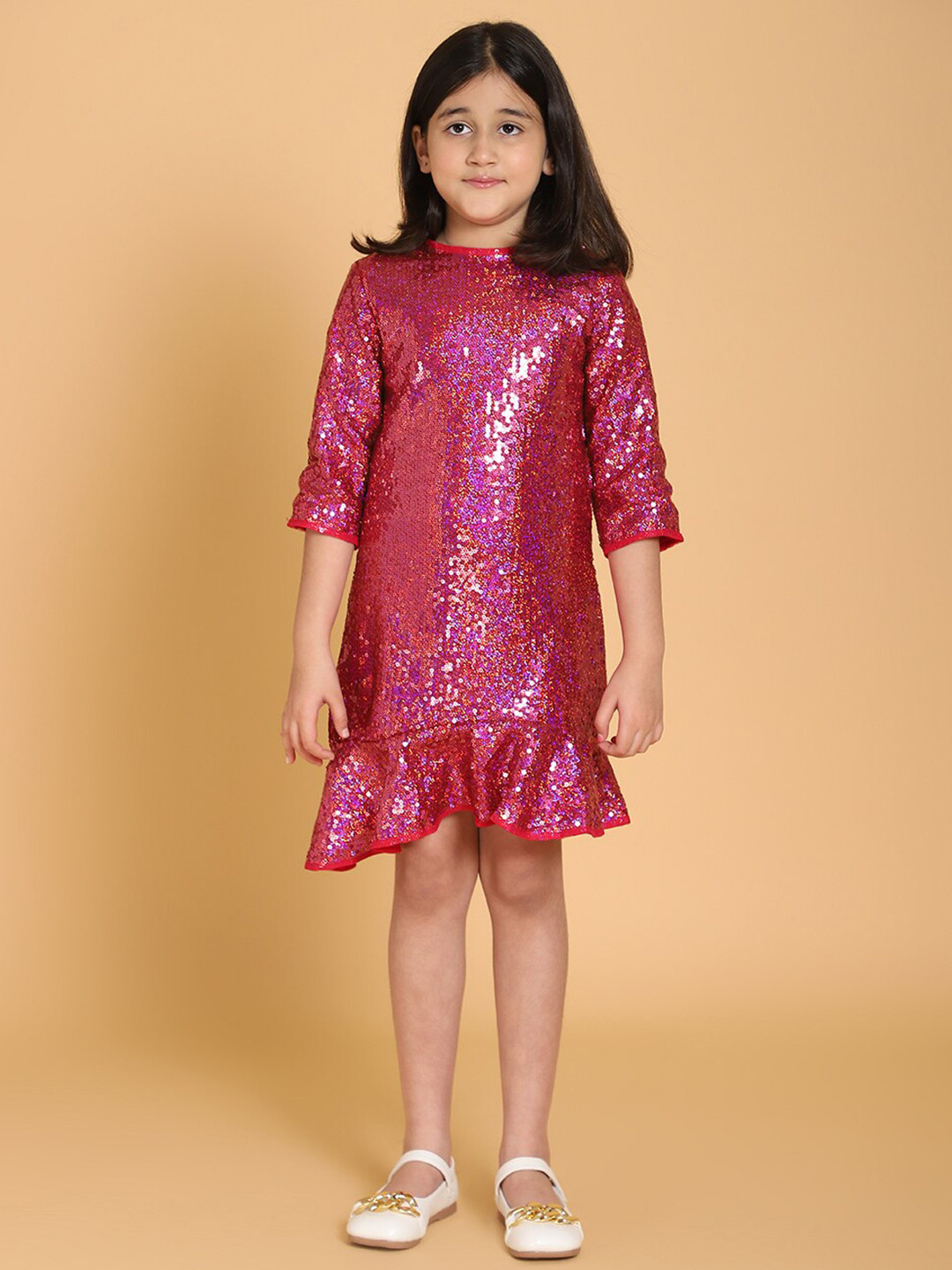 PICCOLO Pink Embellished Sequinned A-Line Cotton Dress