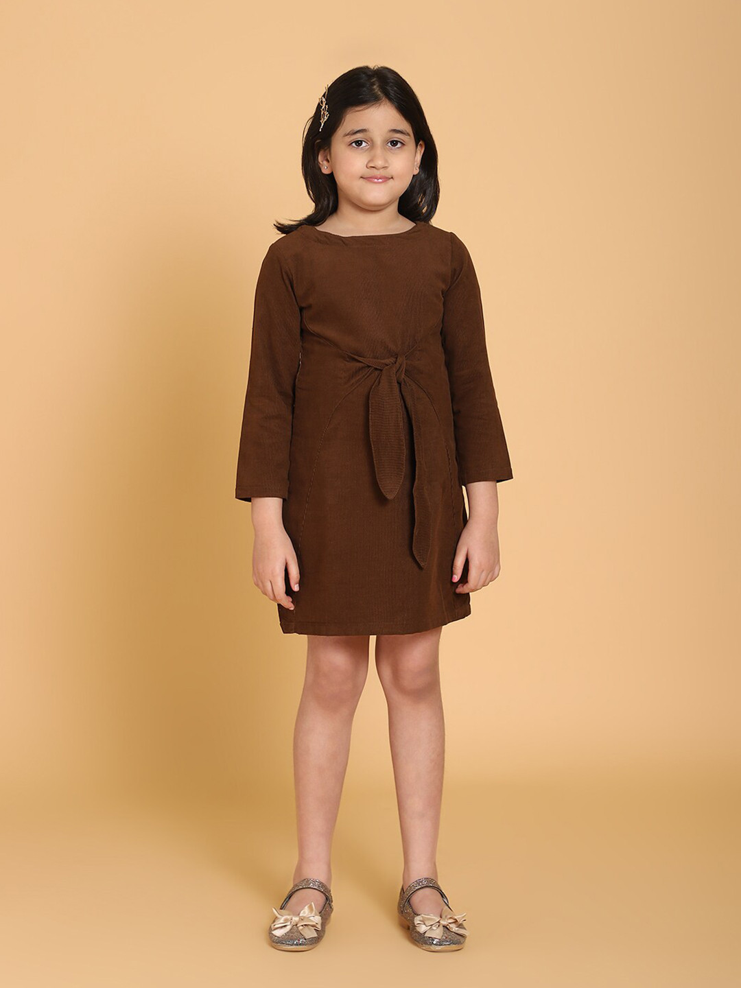 PICCOLO Brown Front Knot A-Line Cotton Corduroy Dress