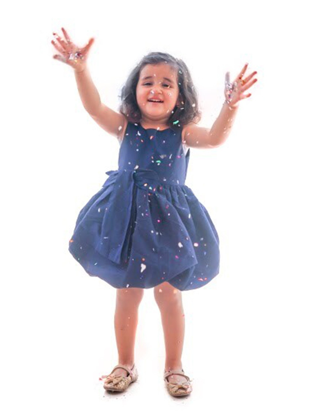 PICCOLO Girls Navy Blue solid  Balloon Dress with Bow