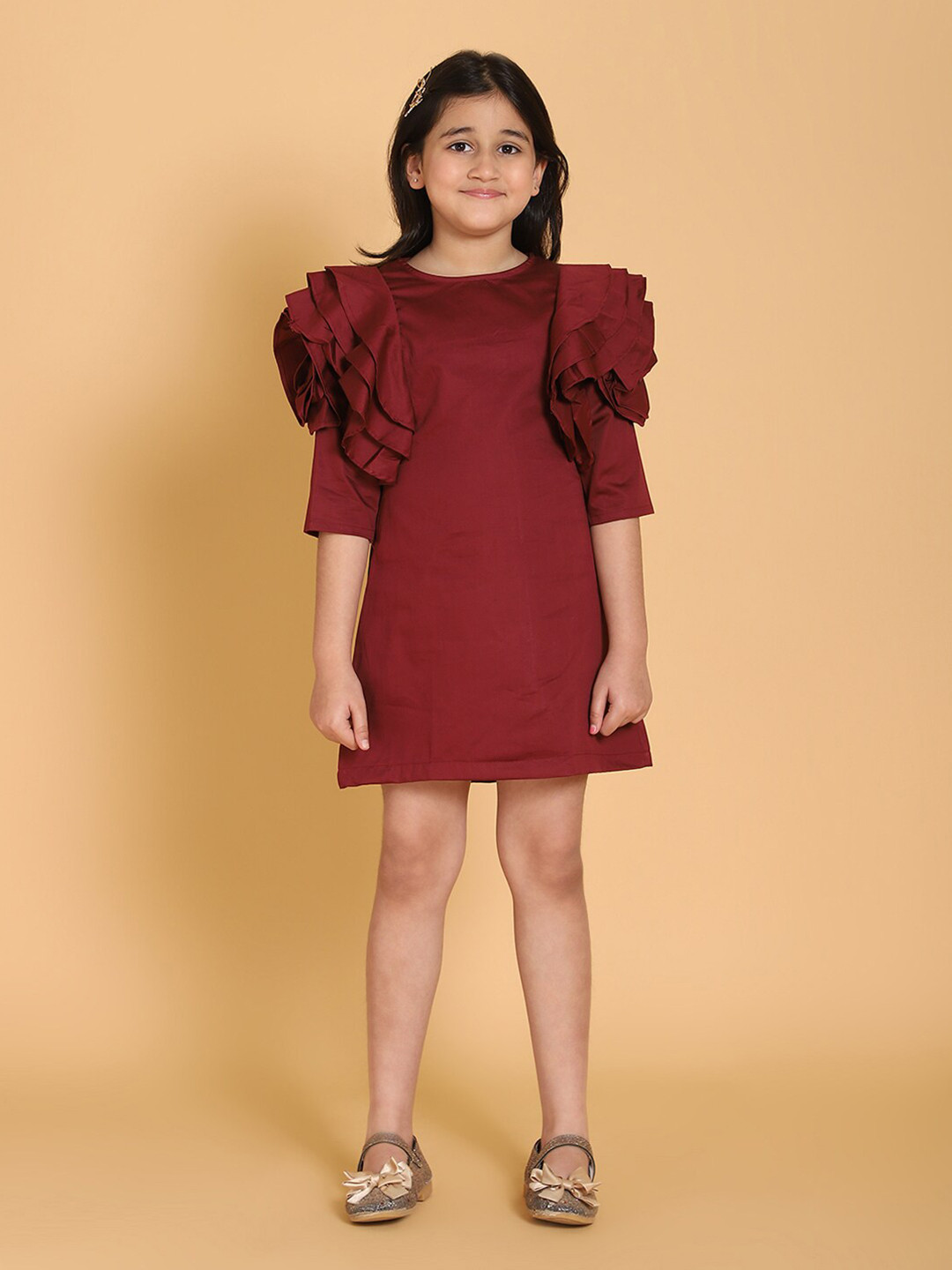 PICCOLO Girls Maroon Satin Solid A-Line Dress