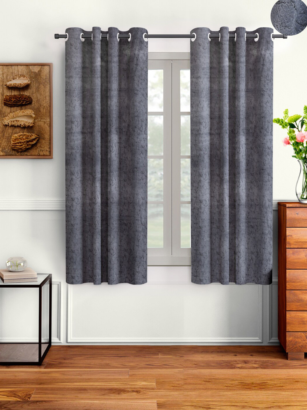 Cortina Grey & Black Set of 2 Room Darkening Window Curtain