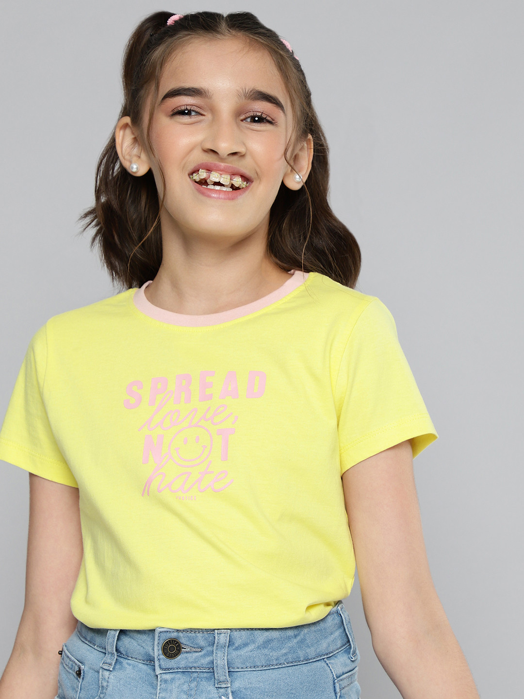JUSTICE Girls Yellow Typography Printed Pure Cotton T-shirt