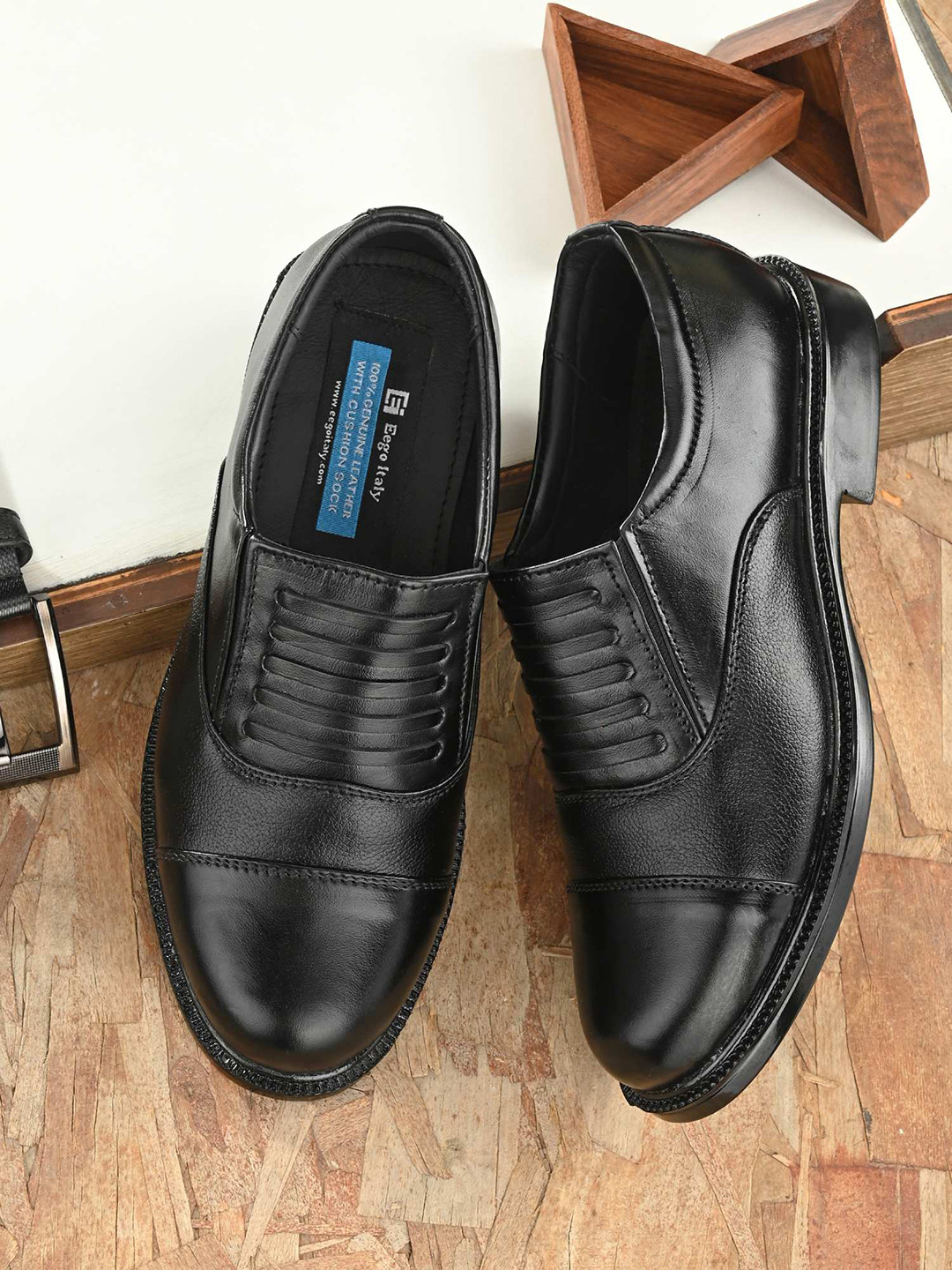 Eego Italy Men Black Solid Leather Formal Slip-On Service Shoes