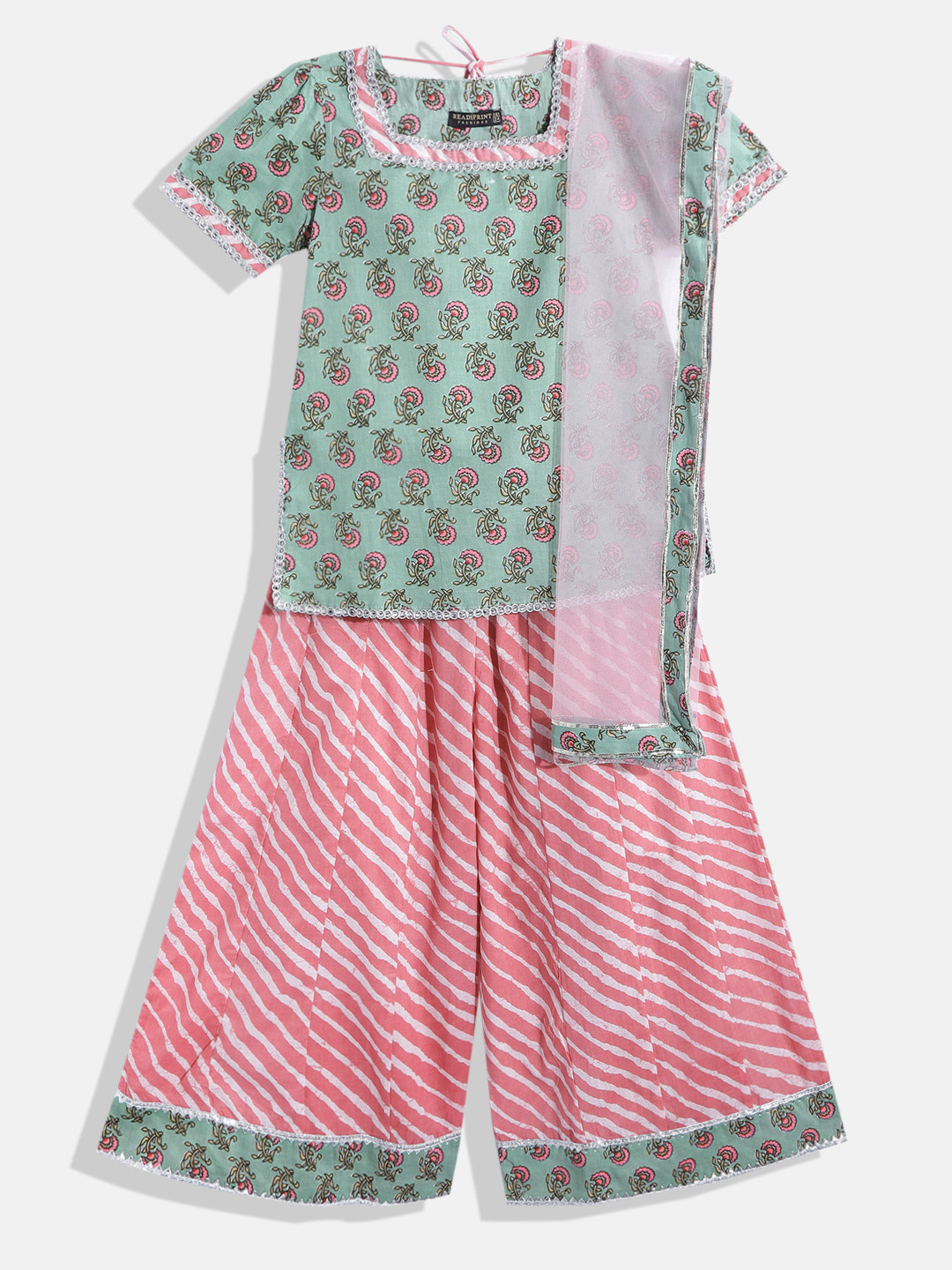 Readiprint Girls Green Floral Printed Gotta Patti Pure Cotton Kurta with Palazzos & With Dupatta