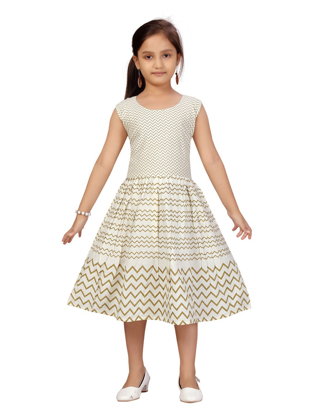 Aarika Girls Cream-Coloured & Green Printed Cotton Midi Dress