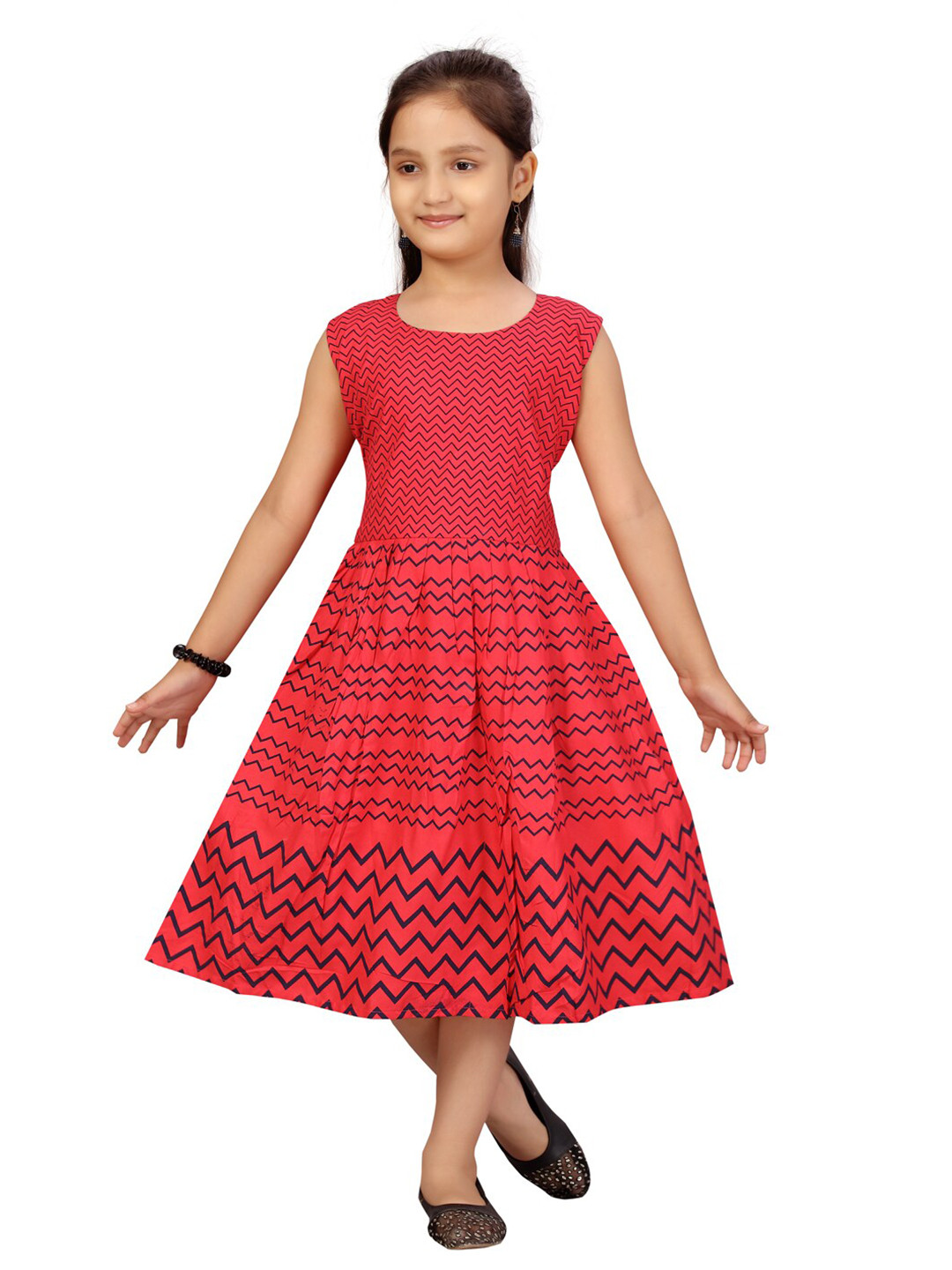 Aarika Girls Red Midi Cotton Dress