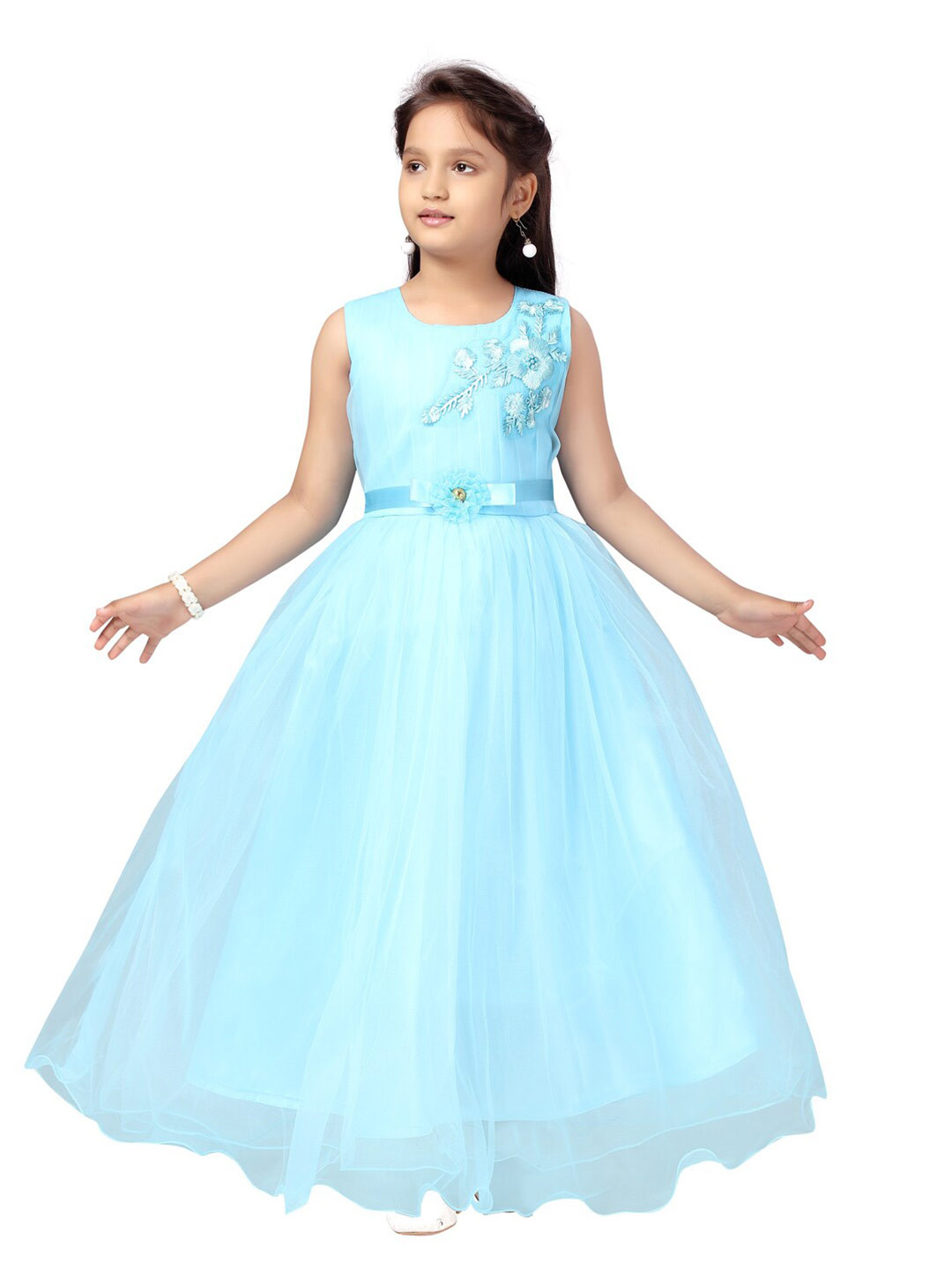 Aarika Girls Turquoise Blue Embroidered Net Dress