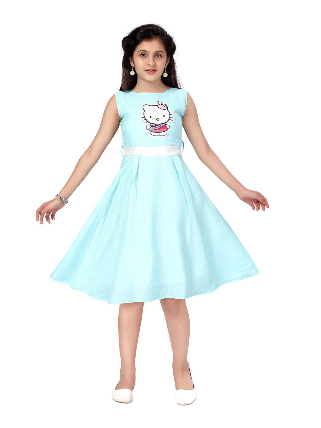 Aarika Girls Turquoise Blue Polka Dot Printed Applique Fit & Flare Dress
