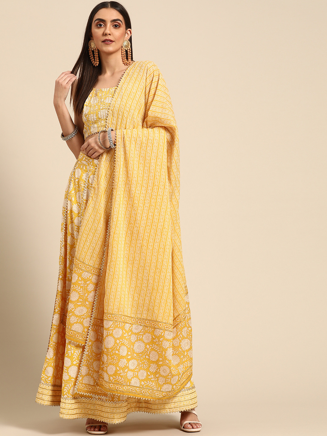 anayna Mustard Yellow & Off White Cotton Printed Gotta Patti Ready to Wear Lehenga Choli