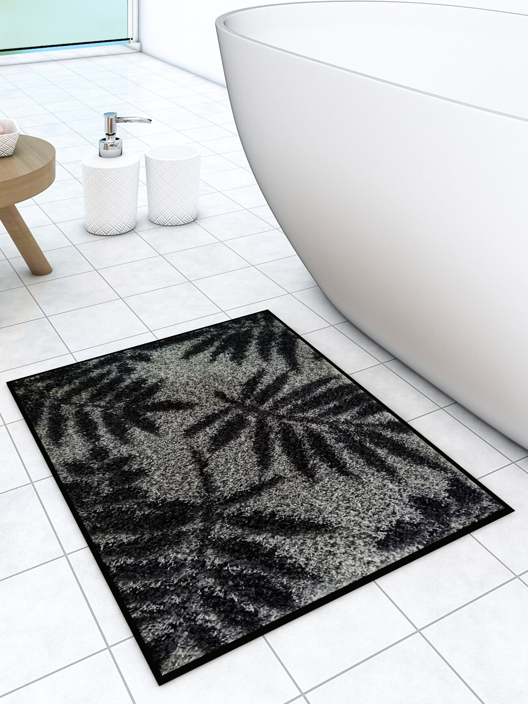 Athom Trendz Grey & Black Leaf Designer Soft Anti Skid Bath Mat