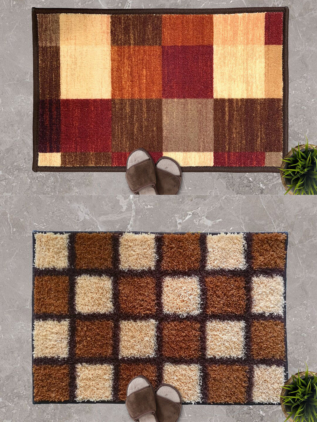 Athom Trendz Brown & Cream Set Of 2 Checked Anti-Skid Doormats