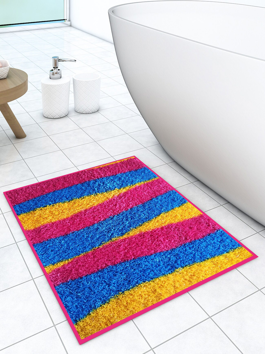 Athom Trendz Blue & Pink Solid Anti-Skid Bath Mat