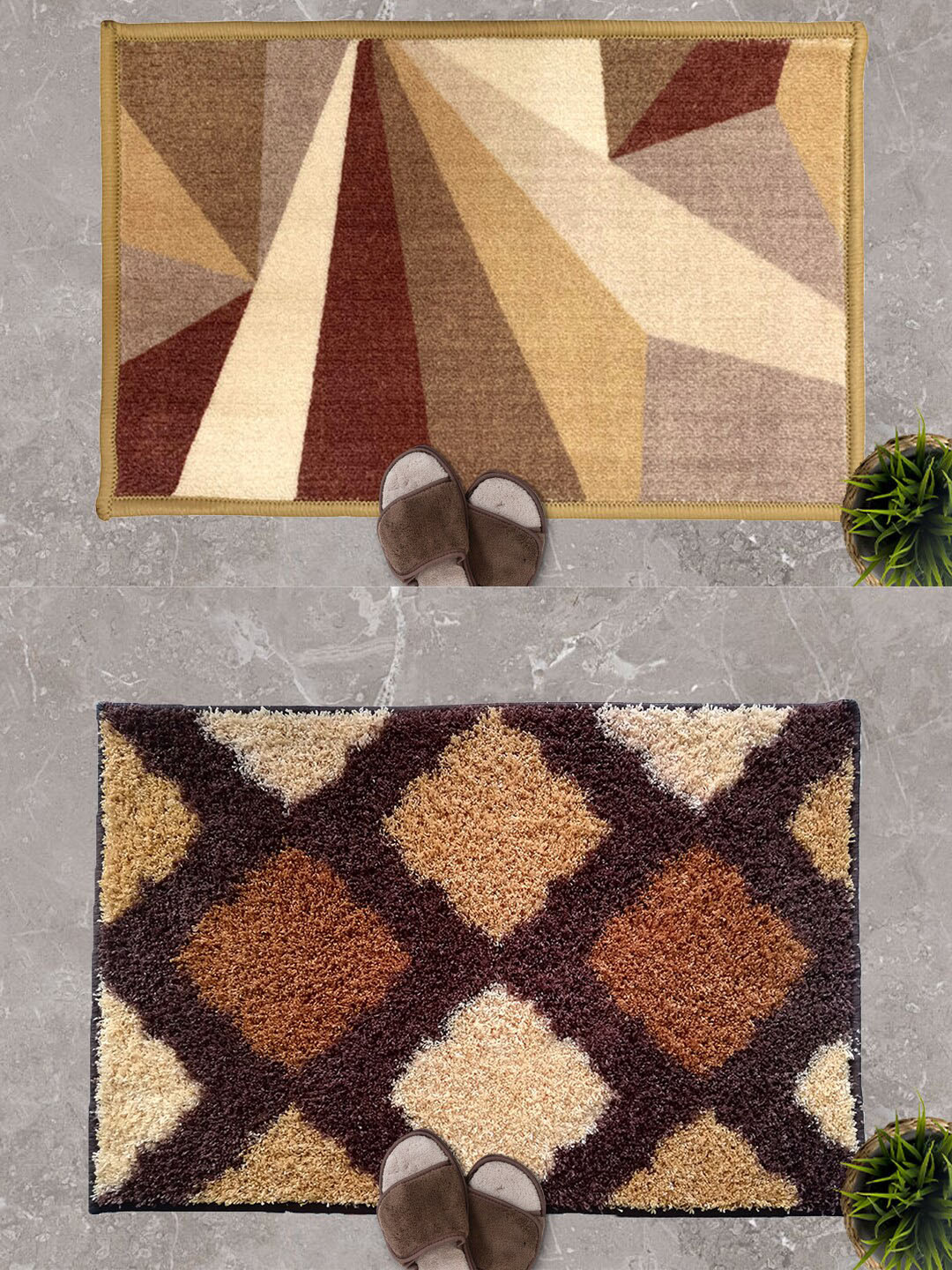 Athom Trendz Brown & Cream Set Of 2 Printed Anti-Skid Doormats