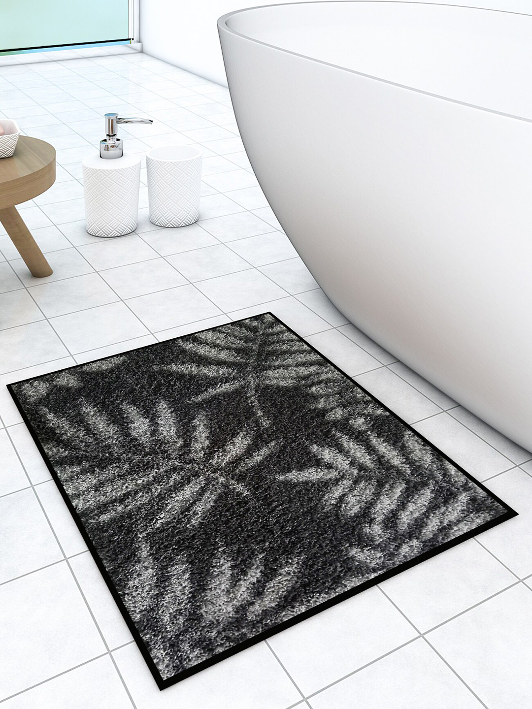 Athom Trendz Grey Leaf Designer Soft Anti Skid Bath Mat
