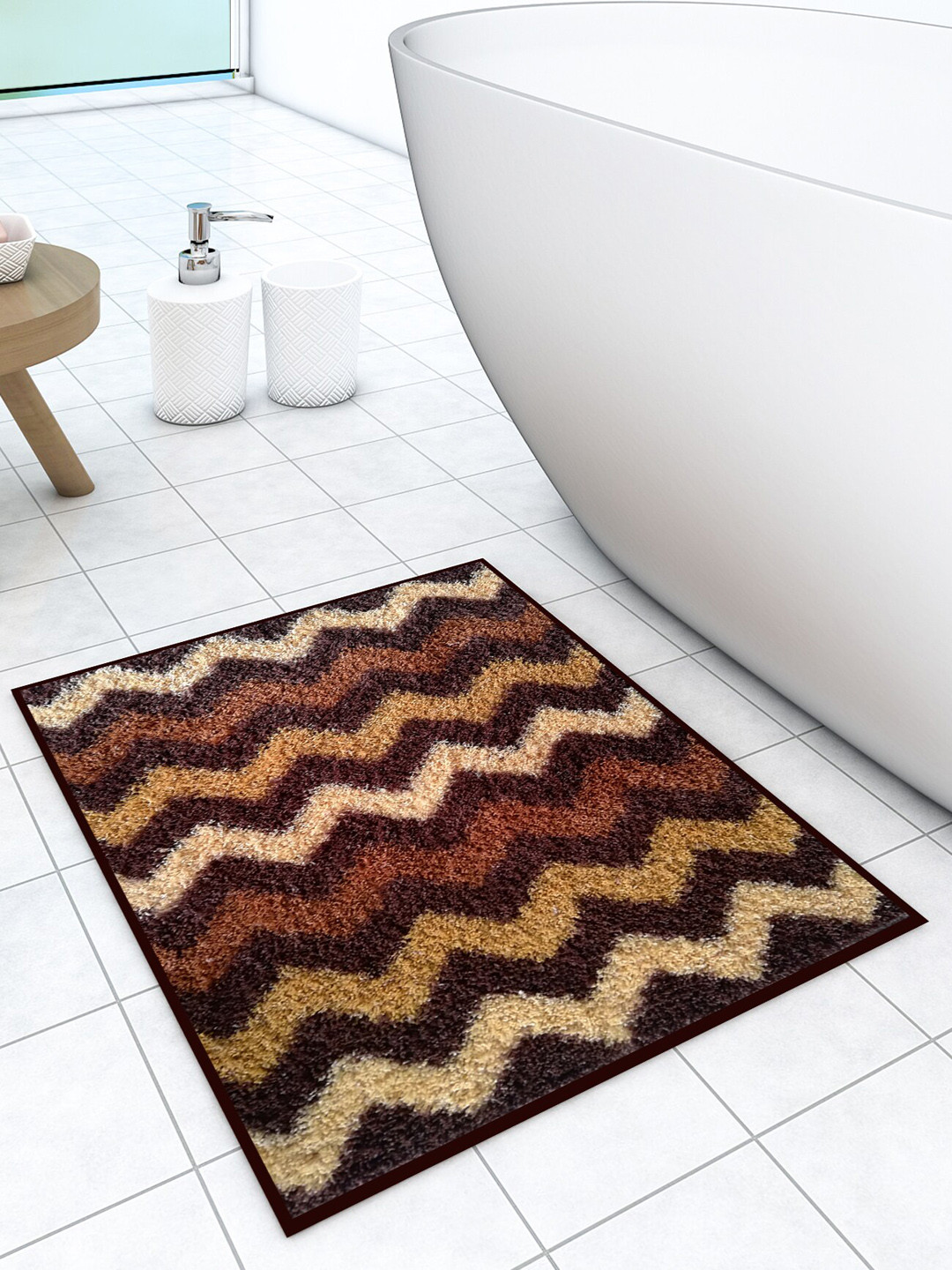 Athom Trendz Brown & Cream Geometric Anti-Skid Bath Mats