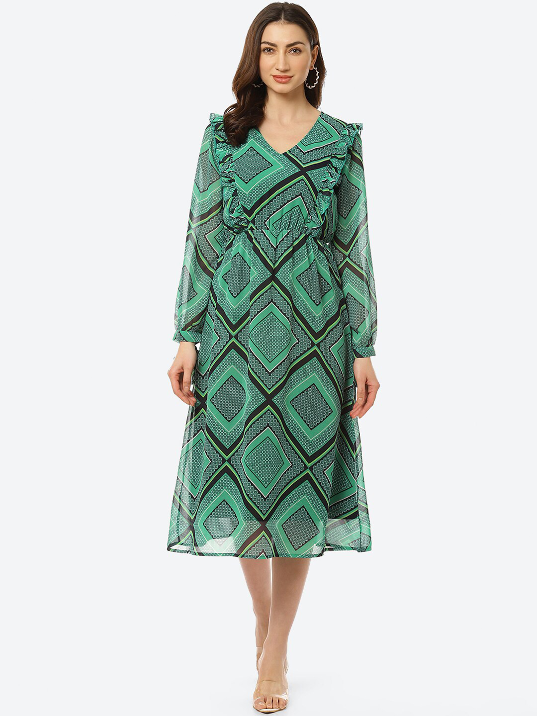 Kurti's by Menka Women Green Geometric Printed Georgette A-Line Midi Dress