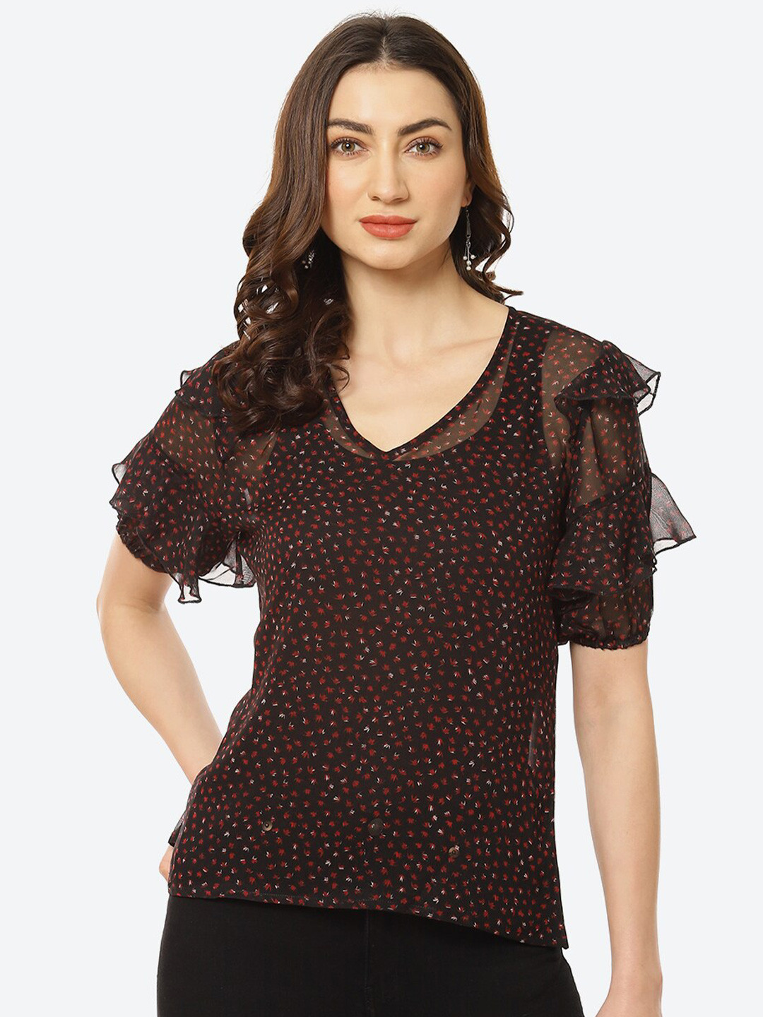 Kurti's by Menka Women Black & Red Floral Print Georgette Top