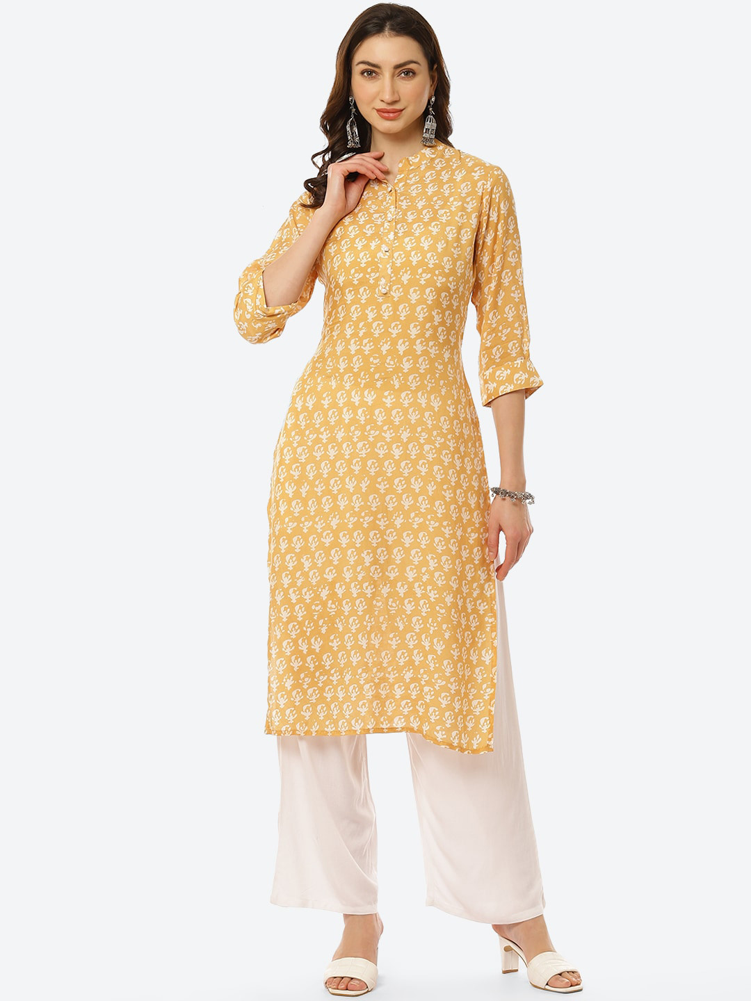 Kurti's by Menka Women Mustard Yellow Ethnic Motifs Printed Pure Linen Kurta