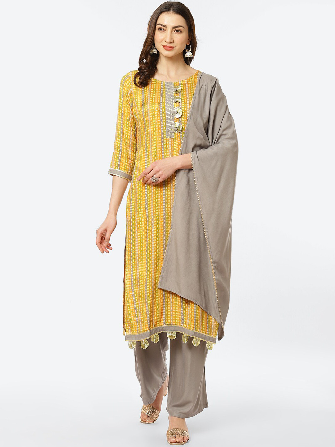Kurti's by Menka Women Yellow Yoke Design Kurta with Trousers & With Dupatta