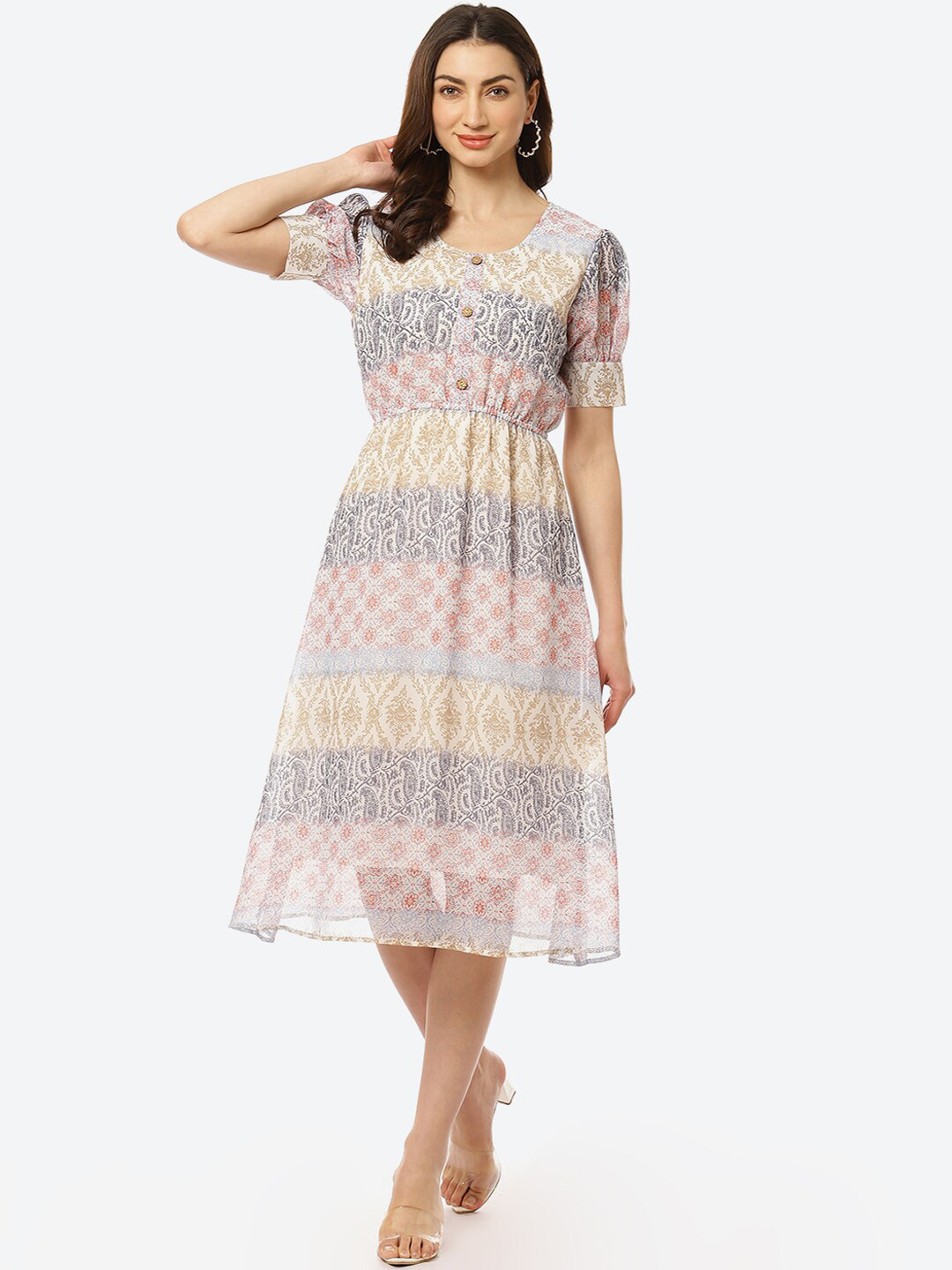 Kurti's by Menka White & Beige Ethnic Motifs Printed Puff Sleeves Fit & Flare Midi Dress