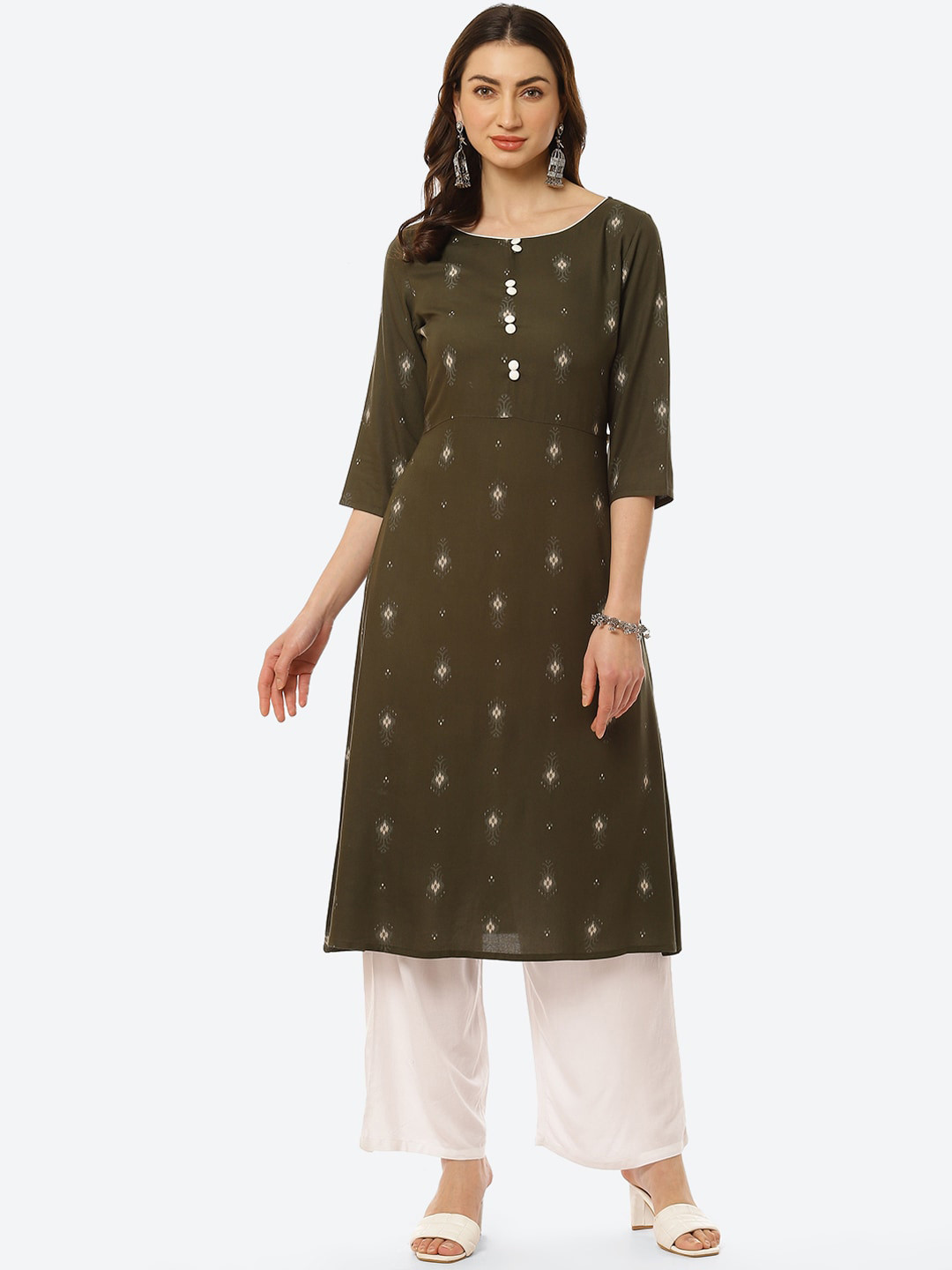 Kurti's by Menka Women Olive Green Ethnic Motifs Printed Kurta
