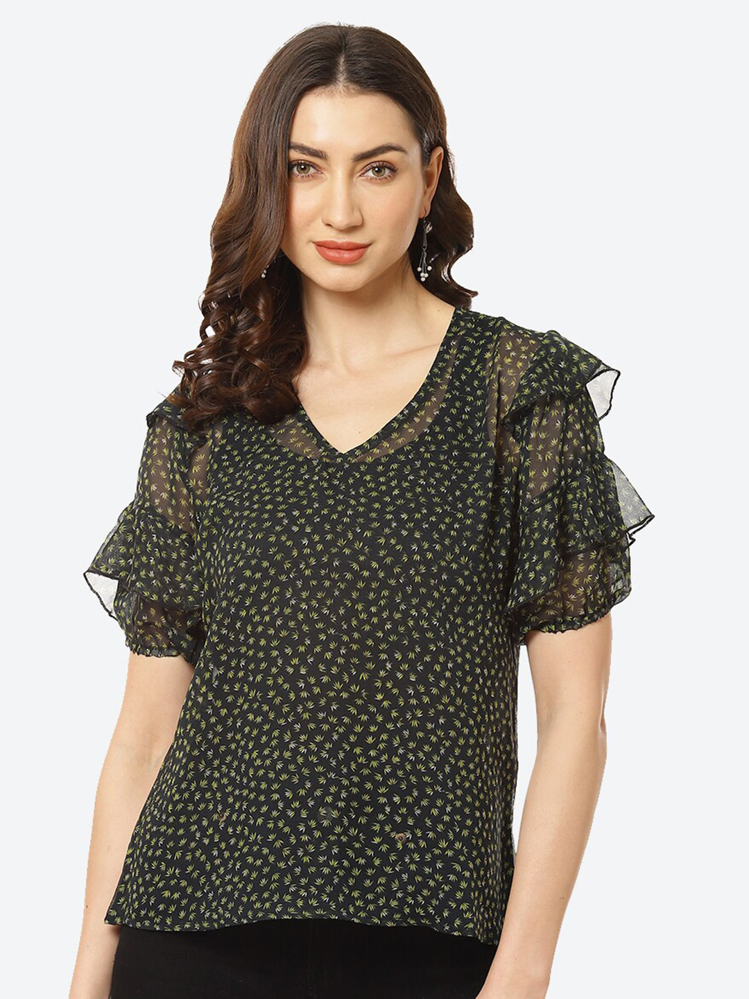 Kurti's by Menka Black Micro Printed Georgette Top