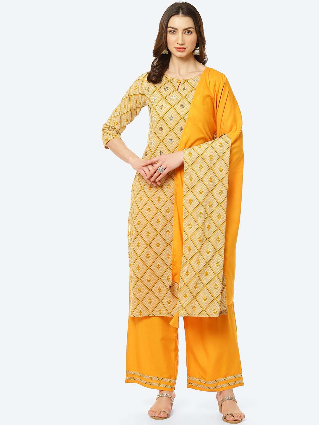 Kurti's by Menka Women Mustard Yellow Printed Pure Cotton Kurta with Palazzos & Dupatta