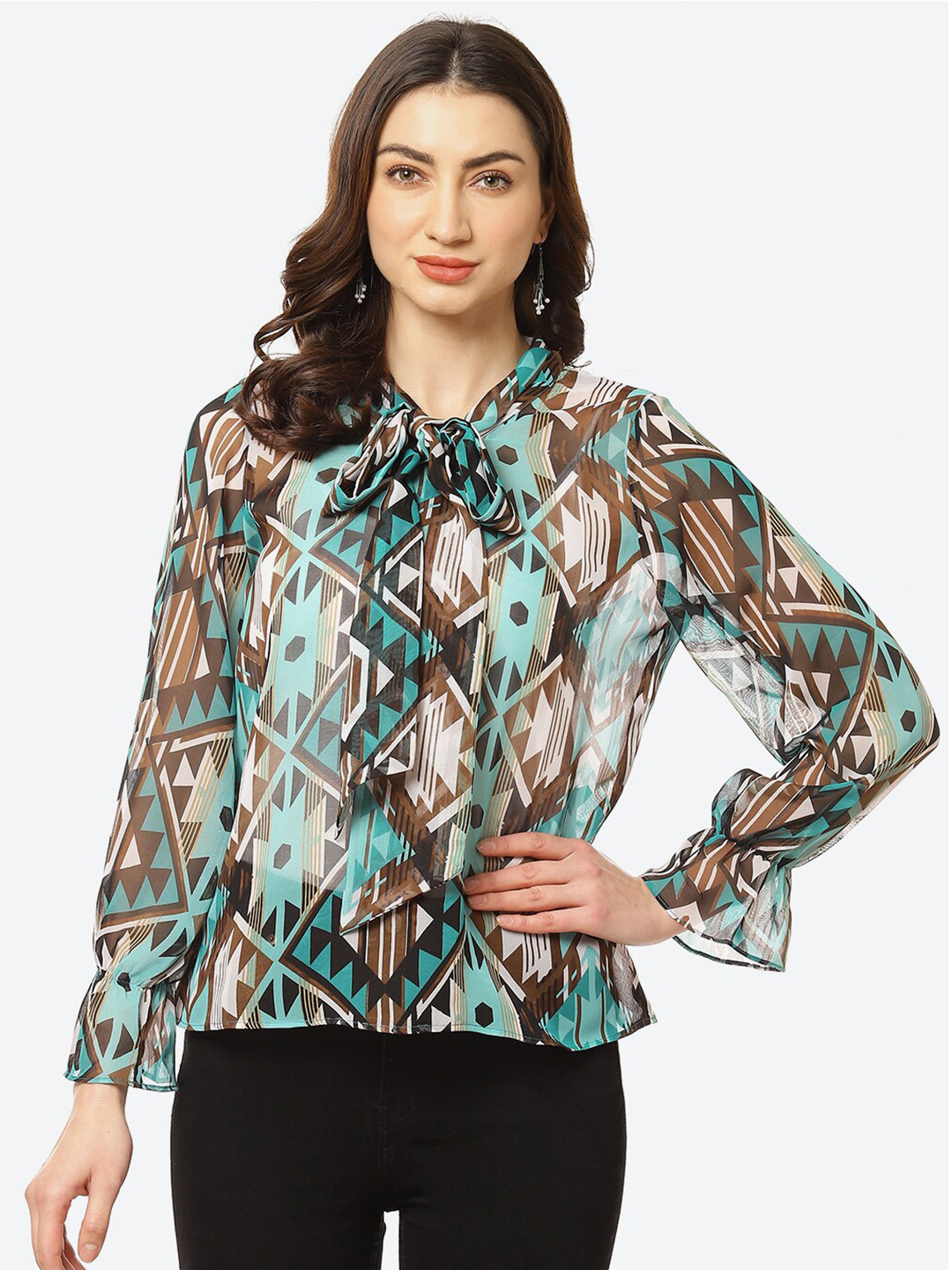 Kurti's by Menka Green & Black Printed Tie-Up Neck Georgette Top