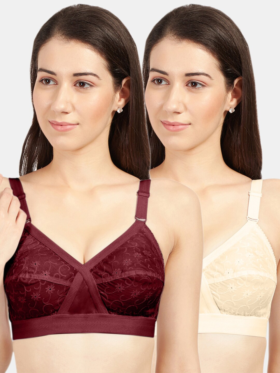 Sonari Cream-Coloured & Brown Pack of 2 Non-Padded Pure Cotton Regular Bra