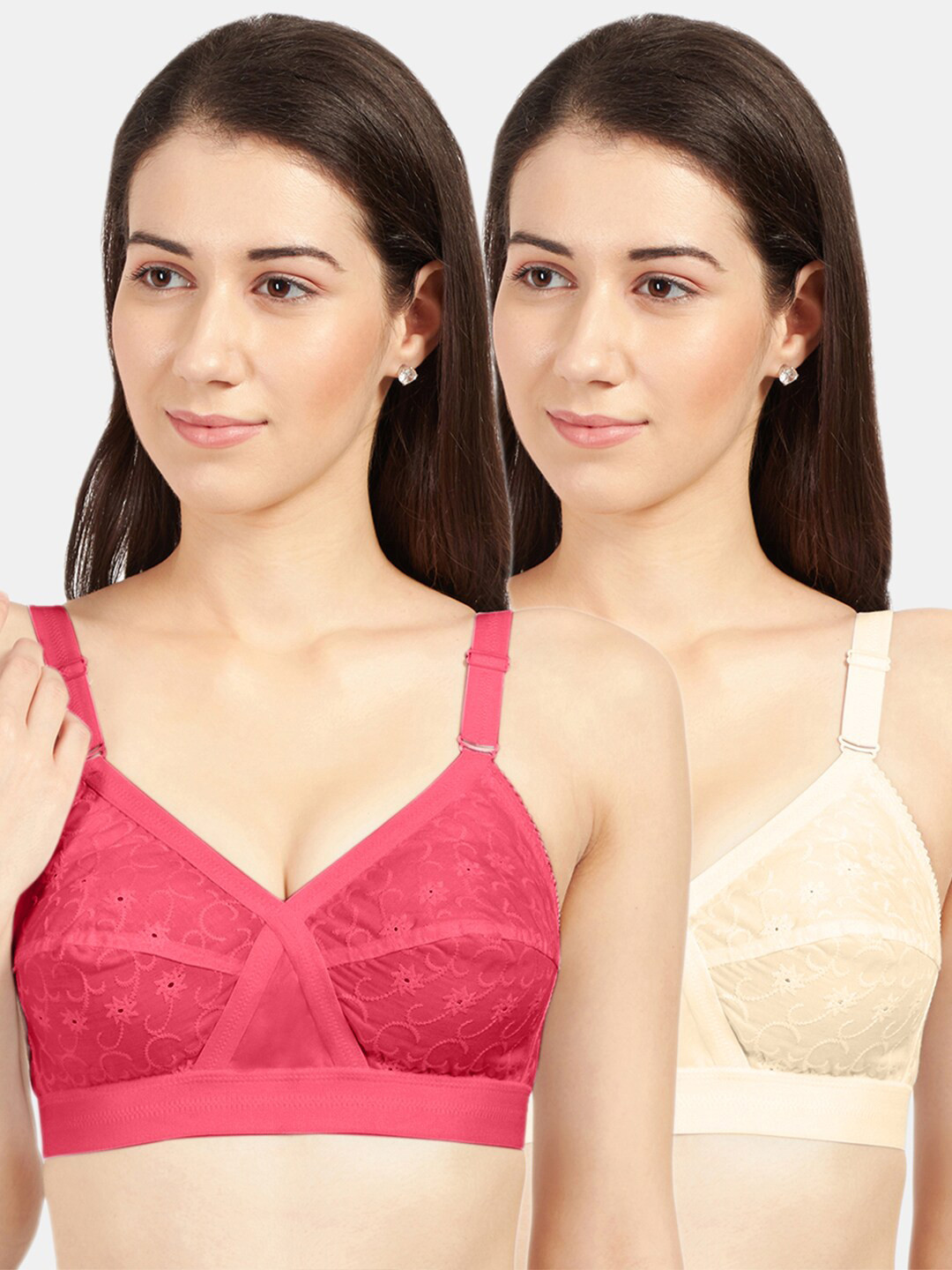 Sonari Set Of 2 Cream-Coloured & Coral Non Padded & Non Wired Floral Bra