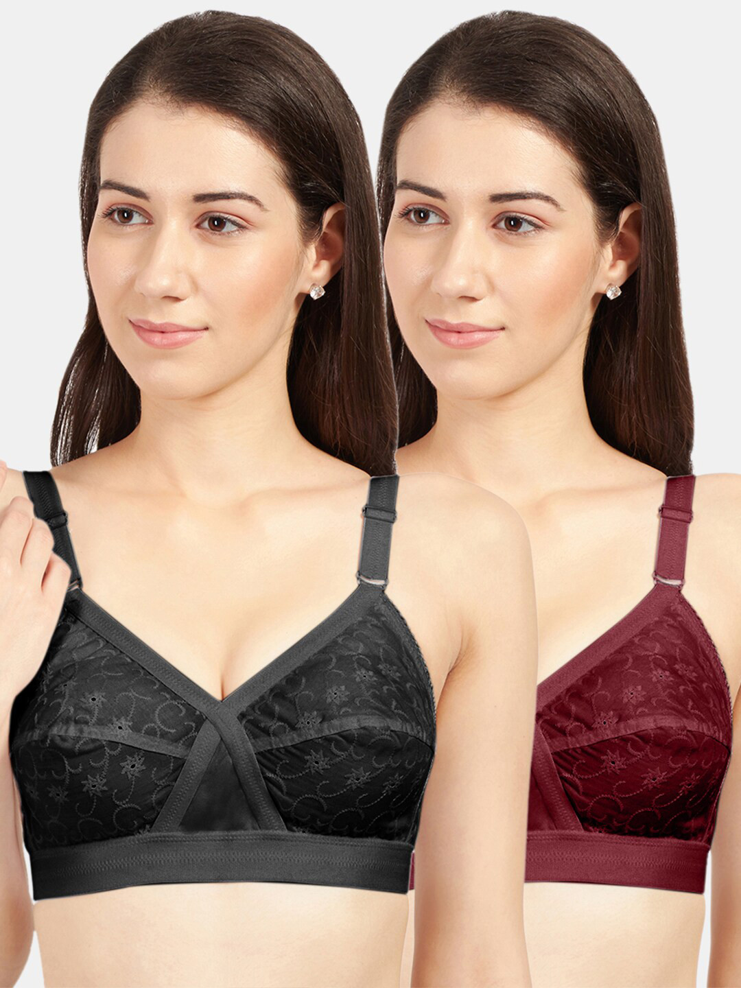 Sonari Black & Maroon Set Of 2 Non-Padded All Day Comfort Everyday Bra