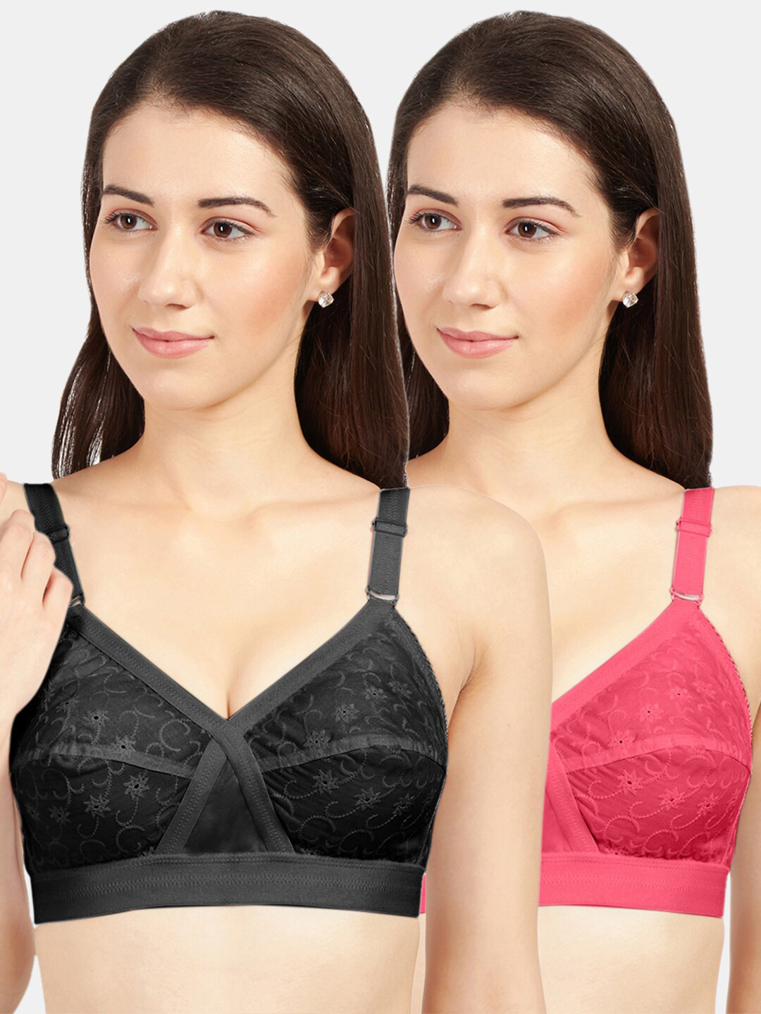 Sonari Pack Of 2 Black & Coral Pink Pure Cotton Bra