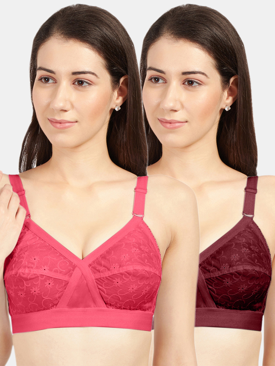 Sonari Pack of 2 Coral & Maroon Self Design Non Wired Medium Coverage Cotton Everyday Bra