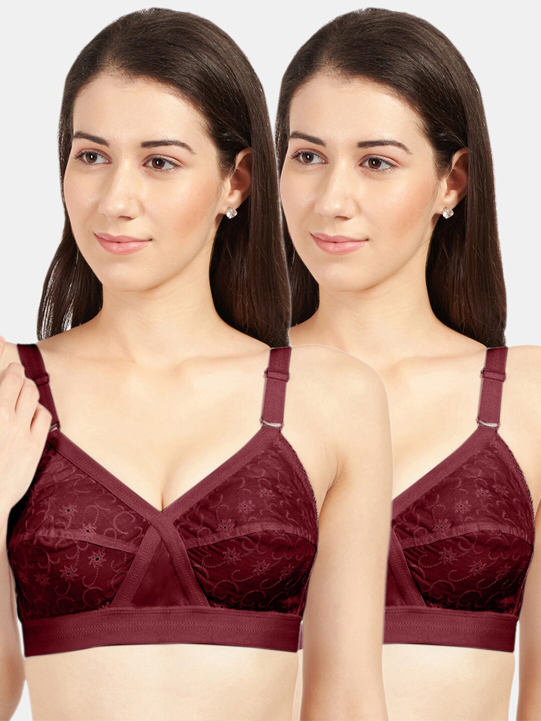 Sonari Set Of 2 Maroon Non Padded & Non Wired Floral Bra