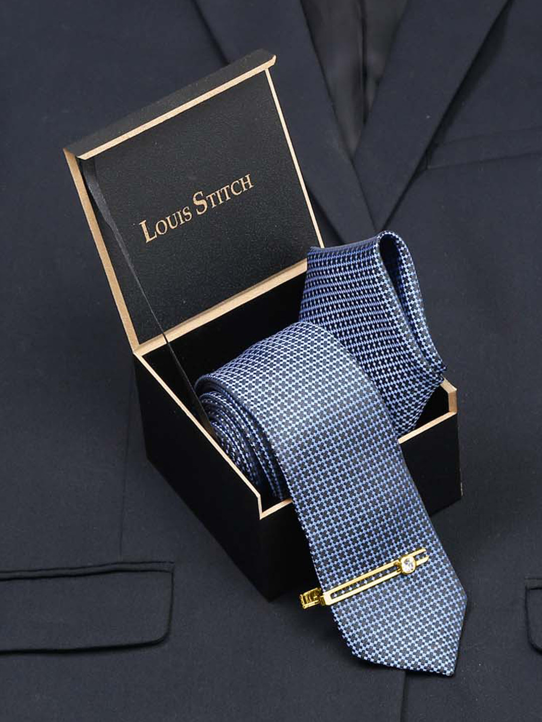 LOUIS STITCH Men's Royal Blue Italian Silk Necktie Accessory Gift Set