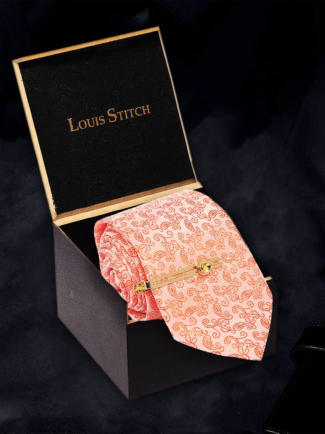 LOUIS STITCH Men Coral Italian Silk Necktie Accessory Gift Set
