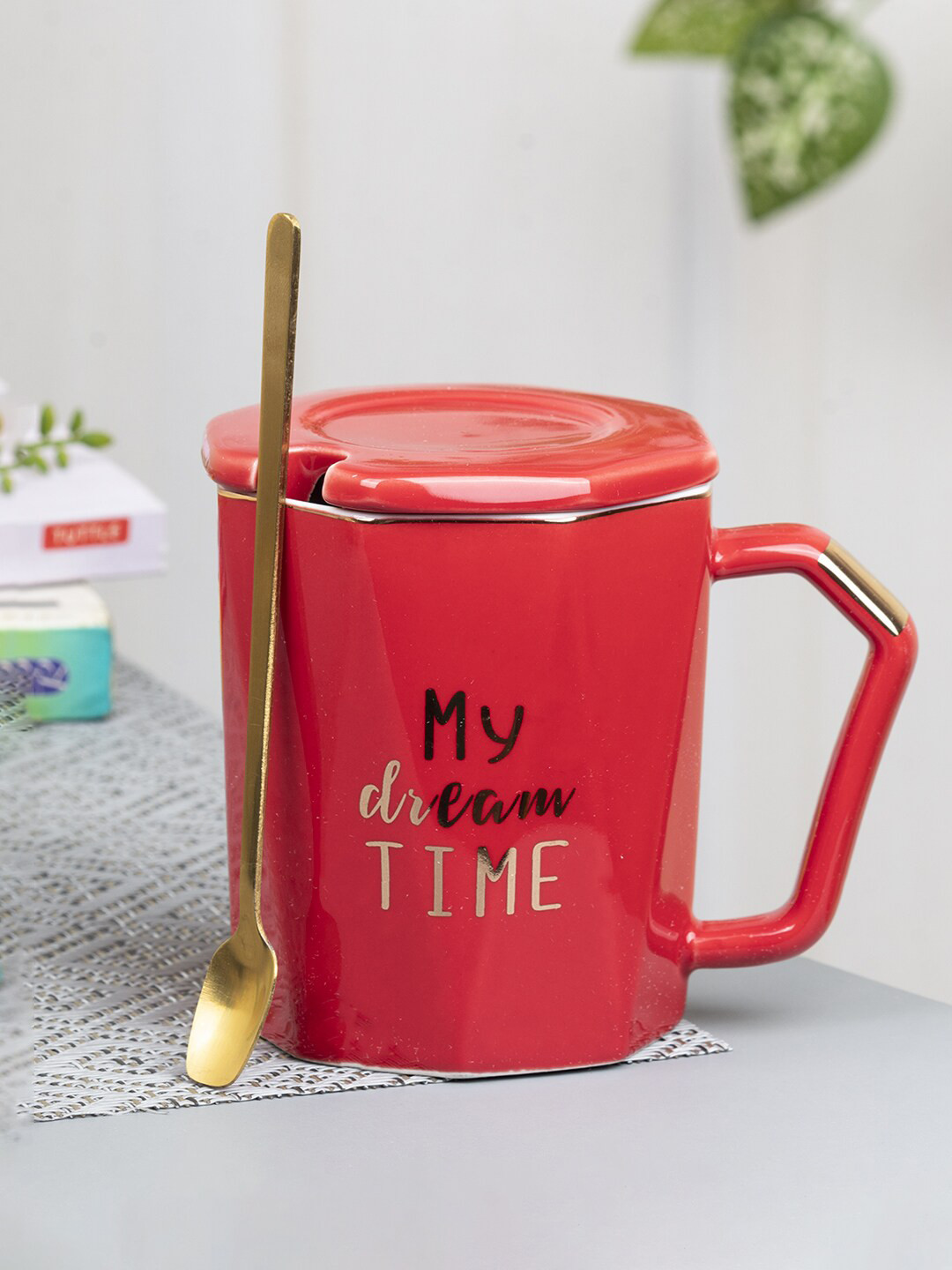 MARKET99 Red Typography Ceramic Microwave Safe Mug with Spoon and Lid-320ml
