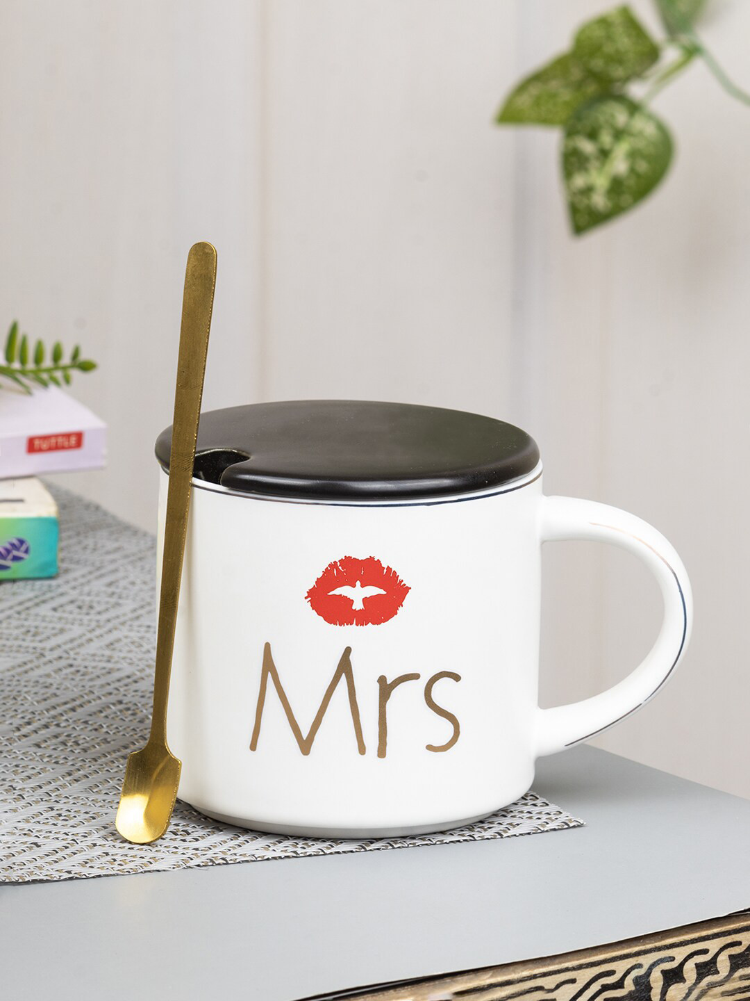 MARKET99 White Typography Ceramic Microwave Safe Mug with Lid and Spoon-420ml