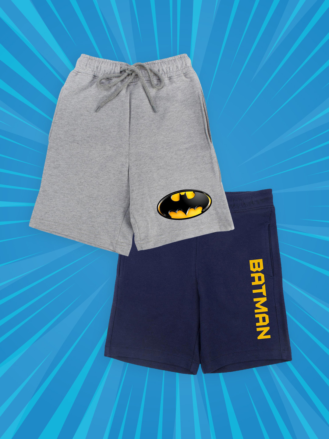 YK Justice League Boys Grey & Navy Blue Set of 2 Printed Cotton Shorts