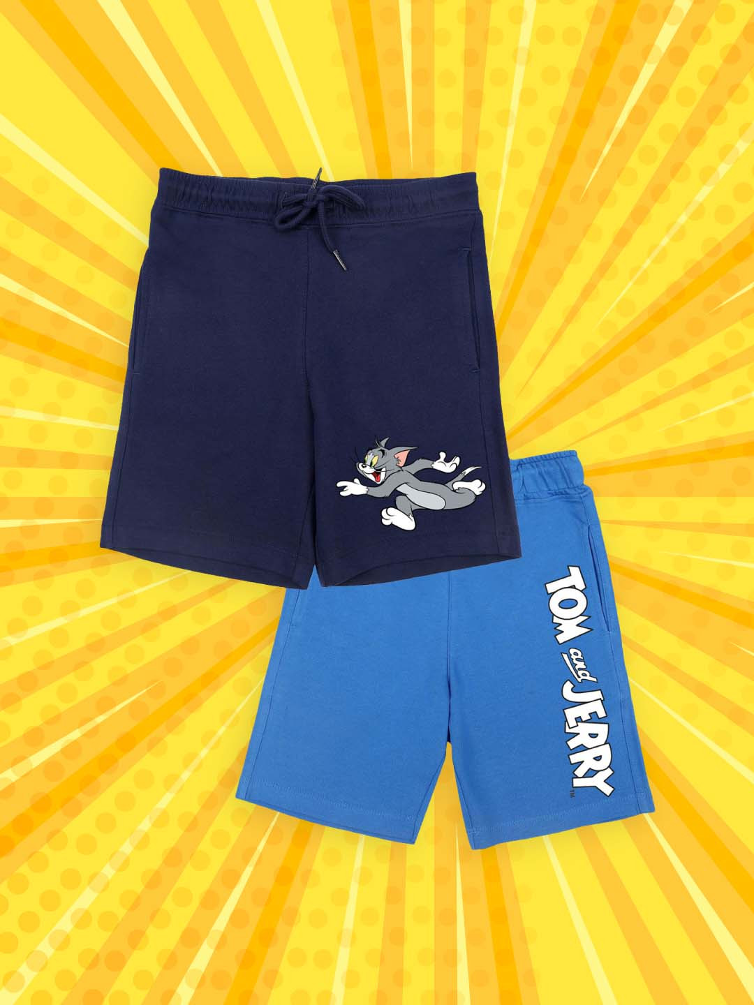 YK Warner Bros Boys Pack Of 2 Navy Blue & Royal Blue Printed Tom & Jerry Cotton Shorts