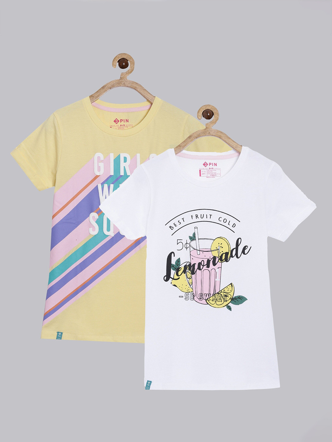 3PIN Girls Pack Of 2 Yellow & White Printed Pure Cotton T-shirts