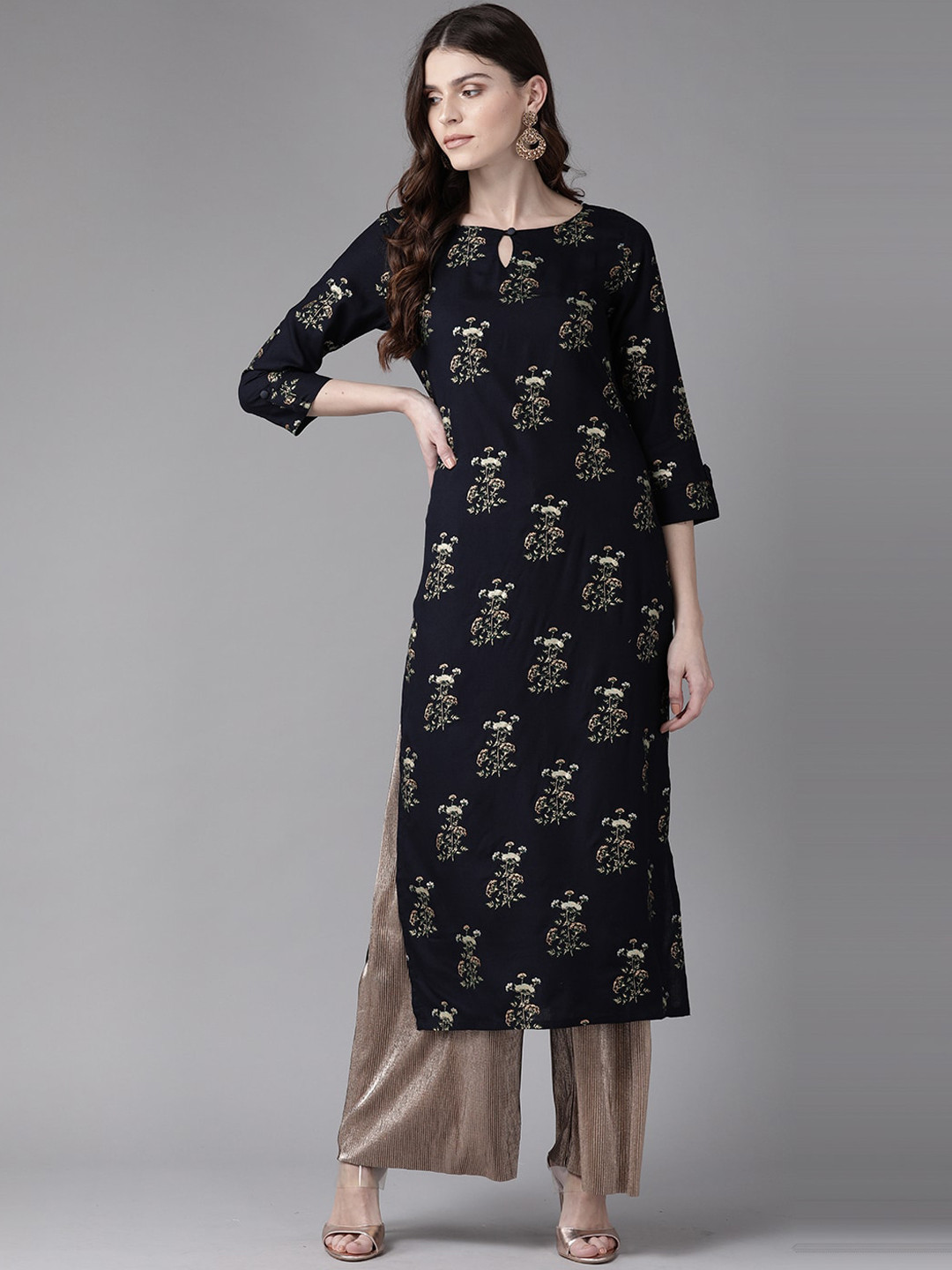 Indo Era Women Navy Blue & White Floral Printed Keyhole Neck Kurta