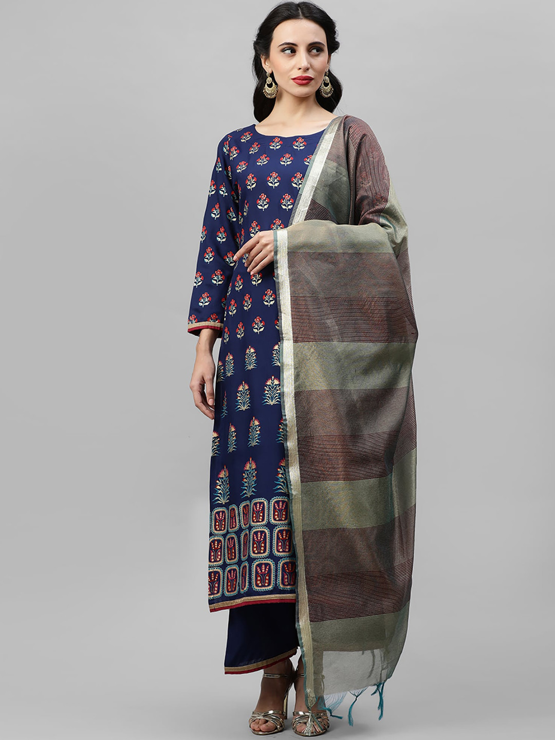 Indo Era Women Navy Blue Ethnic Motifs Printed Liva Kurti Set & With Dupatta