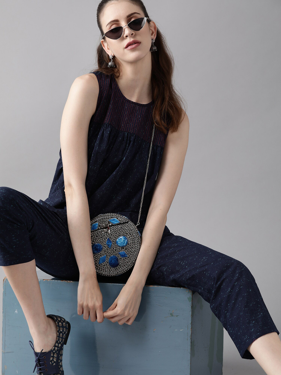 Indo Era Women Navy Blue Printed Thread Work Pure Cotton Kurti with Trousers