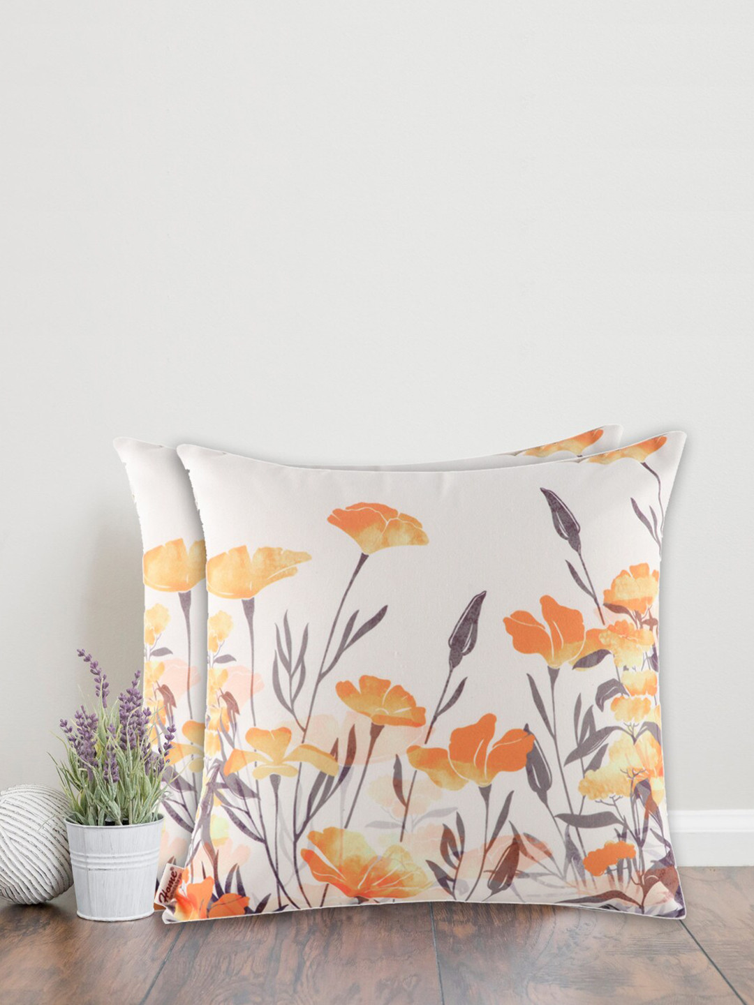 Home Off White Floral Cotton Washable 2 Piece Square Cushion Covers -16x16In