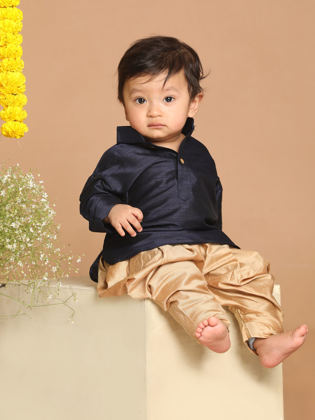 VASTRAMAY Boys Navy Blue & Golden Silk Blend Kurta with Dhoti Pants
