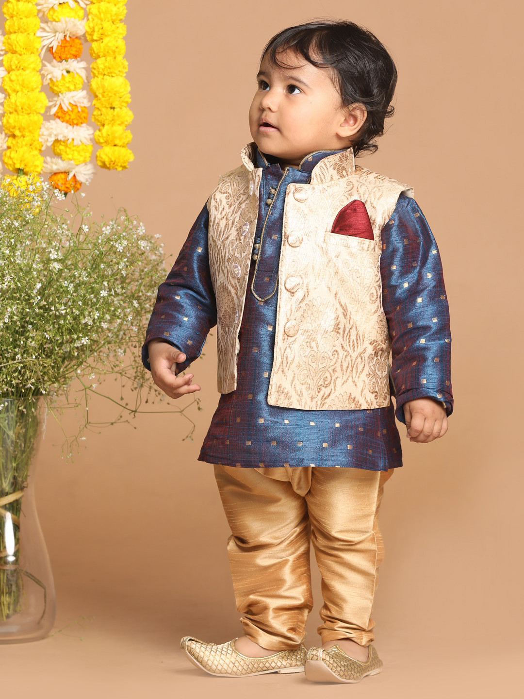 VASTRAMAY Boys Blue Silk Blend Kurta & Pyjamas With Rose Gold Woven Nehru Jacket